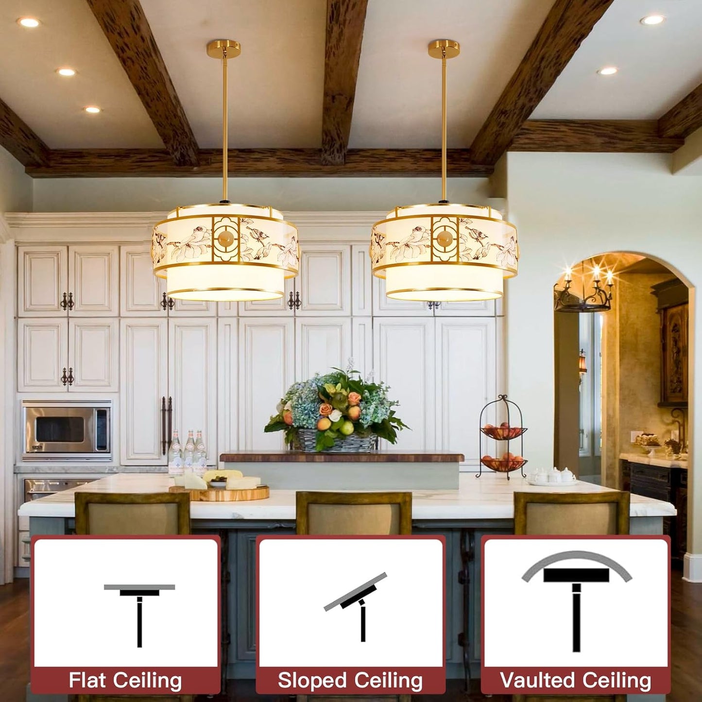 Modern Classic - Drum-Shaped Chandelier, 19.6-inch Round cage-Style lamp, with White and Gold finishes.