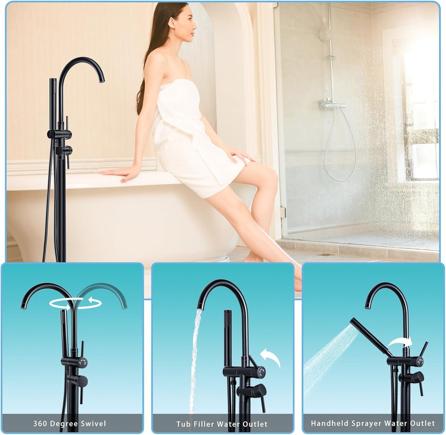 Floor Mount Bathtub Faucet Matte Black Faucet Freestanding Tub Standing High Flow Dual Function 360 Degree