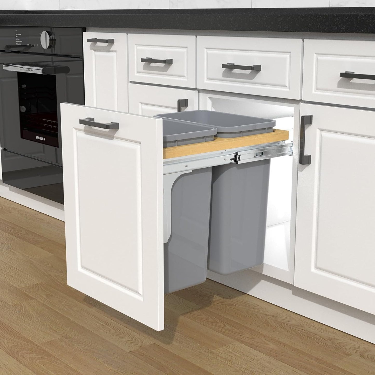 Double Pull Out Under Cabinet Trash Can 35 Qt Garbage Bin for 15' x 1.5' Face Frame, Grey