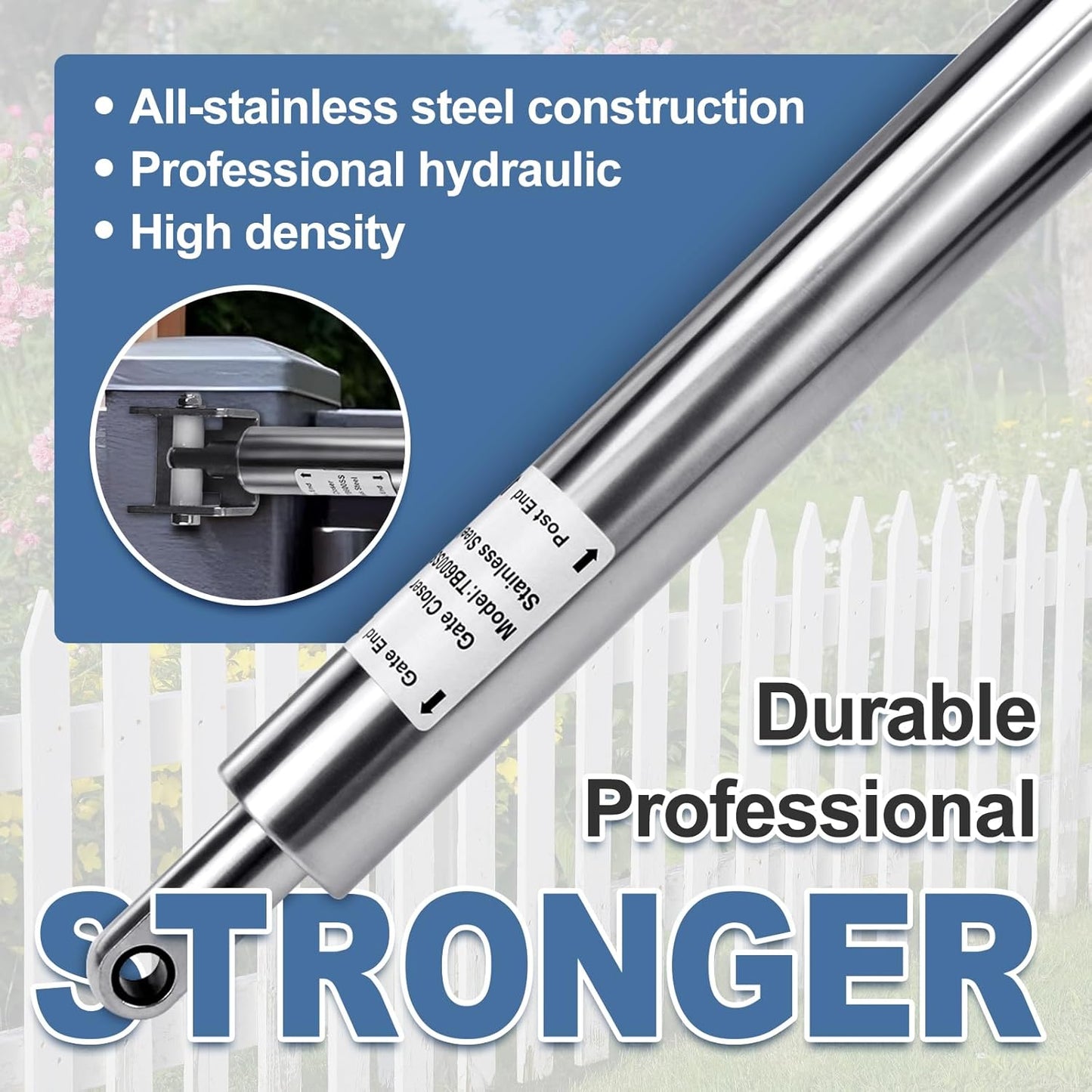 TB400SS Stainless Steel Hydraulic Gate Closer, Rust-Resistant & Weatherproof Automatic Gate Closer with Adjustable Closing Speed, for 95–195 Lbs Vinyl, Steel, Wood and Chain Link Fence Gates