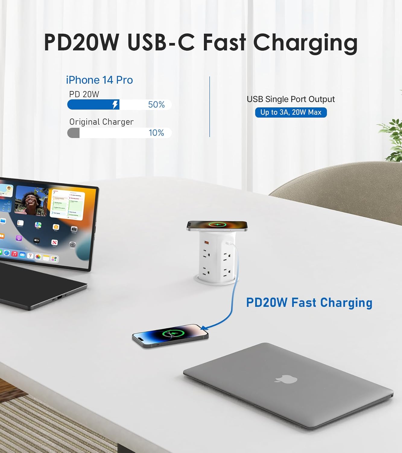 Pop Up Counter-top Outlet with 4 USB Ports 15W Wireless Charger, Max 20W,