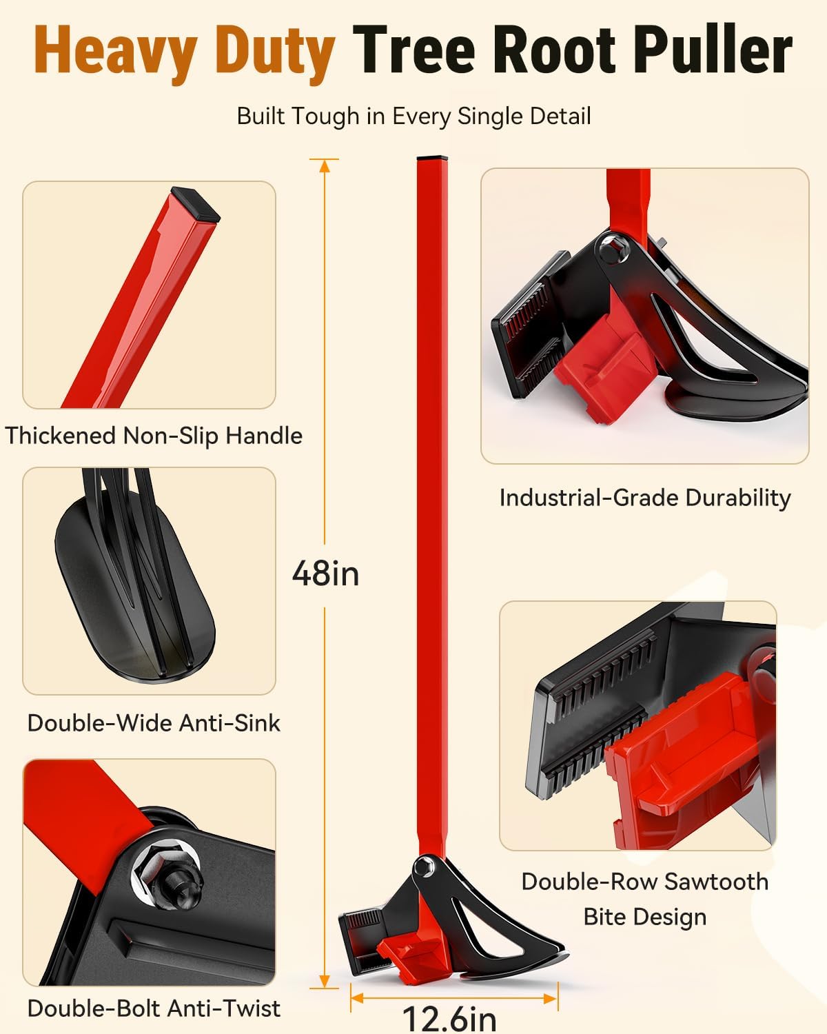 48" Heavy-Duty Root Puller – Instantly Uproots Trees & Shrubs (Stems ¼–2.5") | No Assembly, Ready to Use | Ergonomic Leverage Design for Landscaping, Farm & Forestry Work, Red.