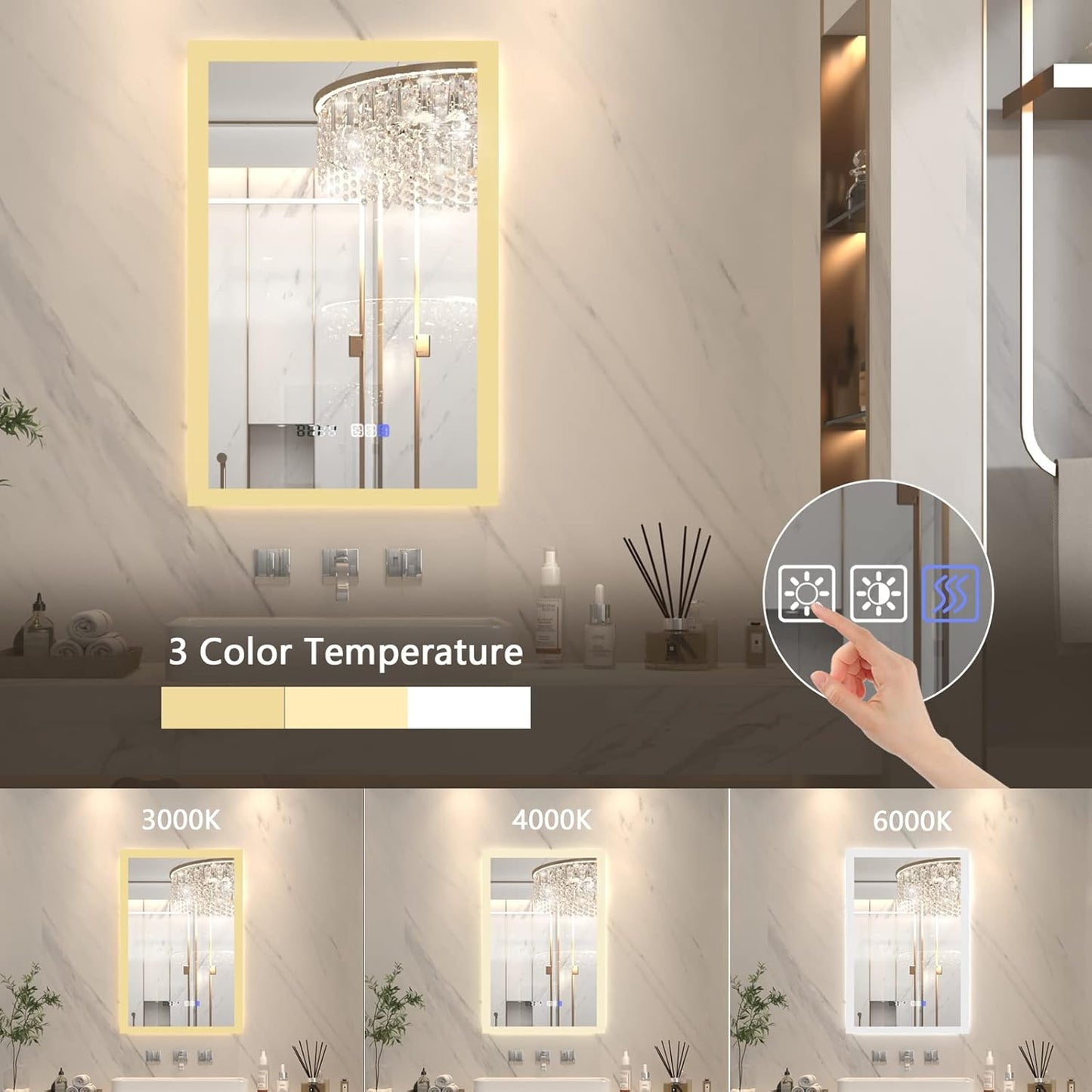 ExBrite LED Bathroom Vanity Mirror 24x36 inch Lighted Bathroom Wall Mirror, Backlit,Anti Fog, Dimmable, Time,Temperature, Night Light,Color