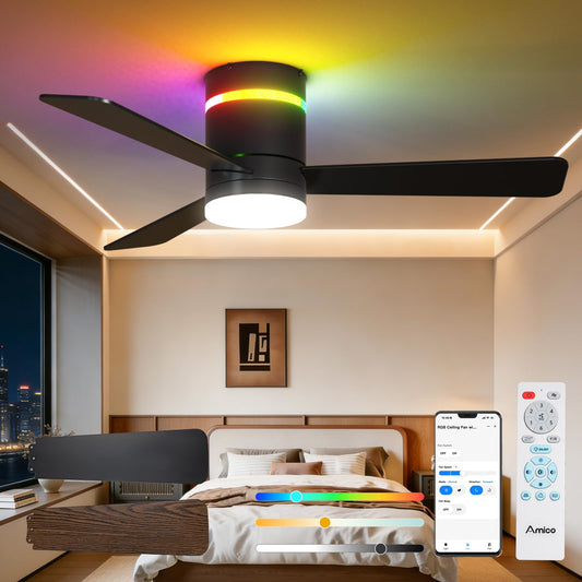 Amico 42‘’ RGB Ceiling Fans with Lights, Low Profile Flush Mount Small Ceiling Fan, Remote Control/APP Control, 3CCT, Reversible, Bedroom, Living Room, Kids Room, Black