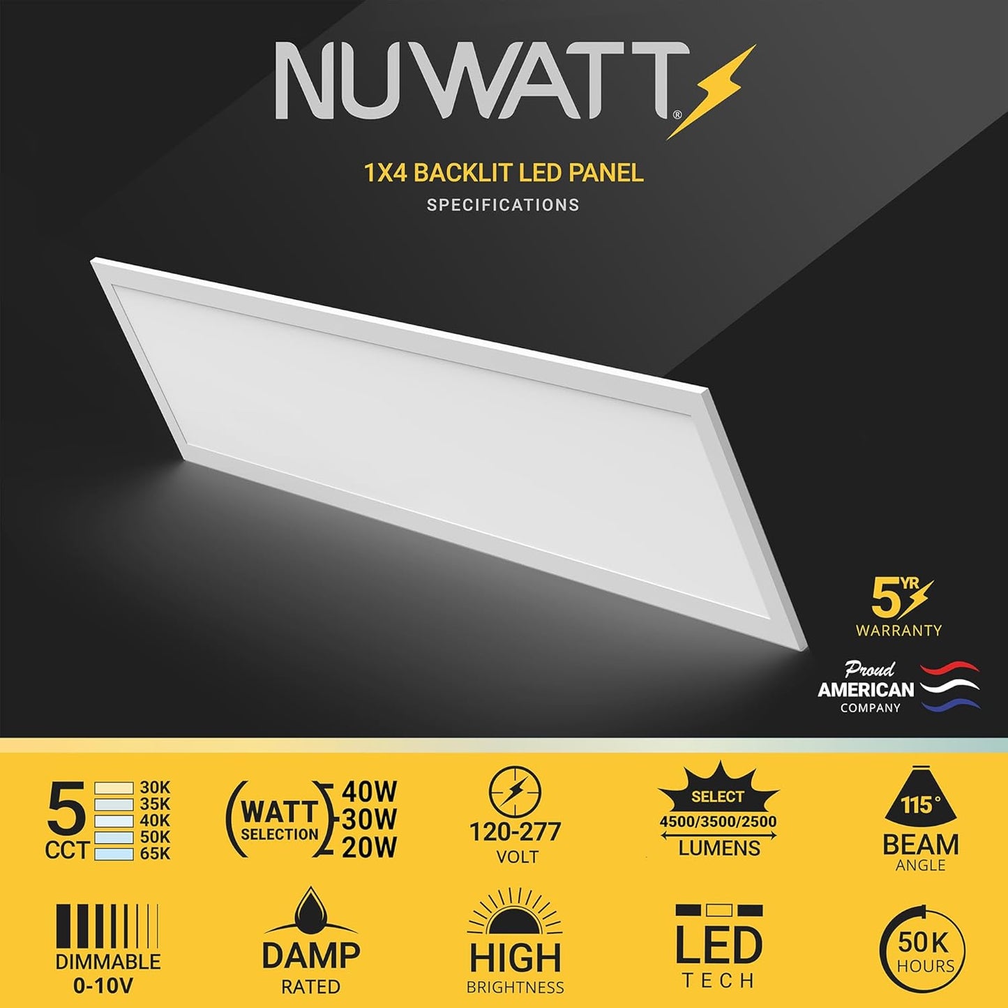 NUWATT 4 Pack 1x4 LED Drop Ceiling Flat Panel Troffer Light, Wattage & Color Selectable 40W/30W/20W, CCT 3000K/3500K/4000K/5000K/6500K, 4400LM, 0-10V