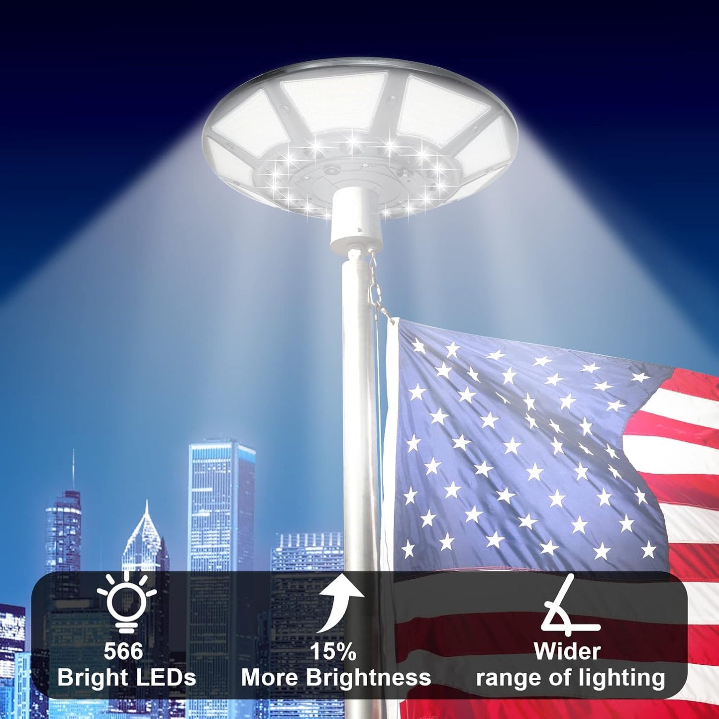 Flagpole Solar Light 6000 Lumens Brightest 566 LED Flag Pole Light Solar Powered with DC Charge Port Last Up to 20 Hrs Outdoor Dusk to Dawn IP67 Waterproof for Most 15 to 40ft Flag Poles Black
