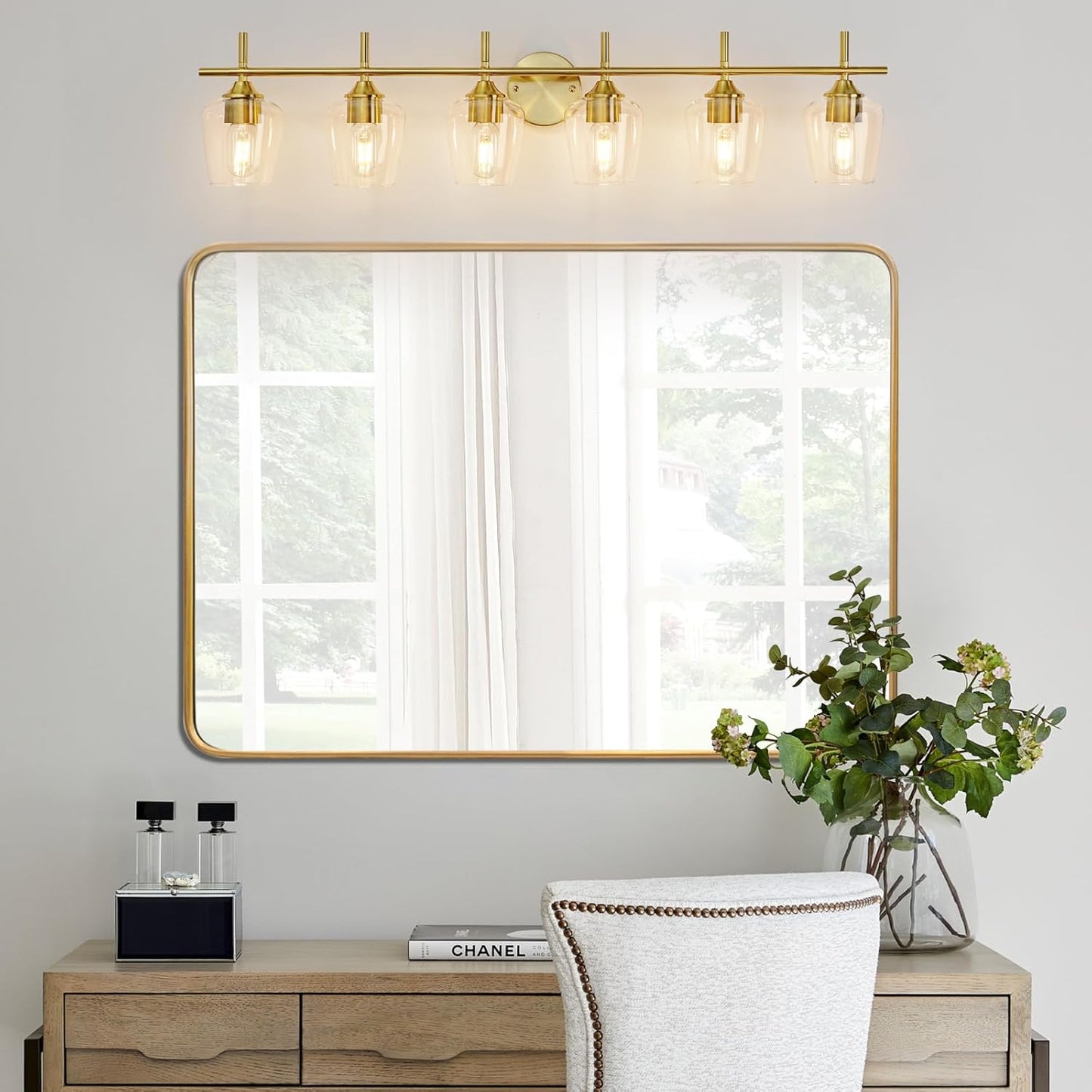 Bathroom Light Fixtures 6 Light Gold Vanity Light with Clear Glass Shade, Brushed Brass Bathroom Lighting Over Mirror,