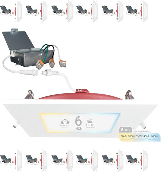 NUWATT 12 Pack, 6 Inch 2 HOUR FIRE RATED LED Recessed Light, 5CCT 2700K/3000K/3500K/4000K/5000K Selectable, 1200 Lumen Dimmable, IC Rated, Square