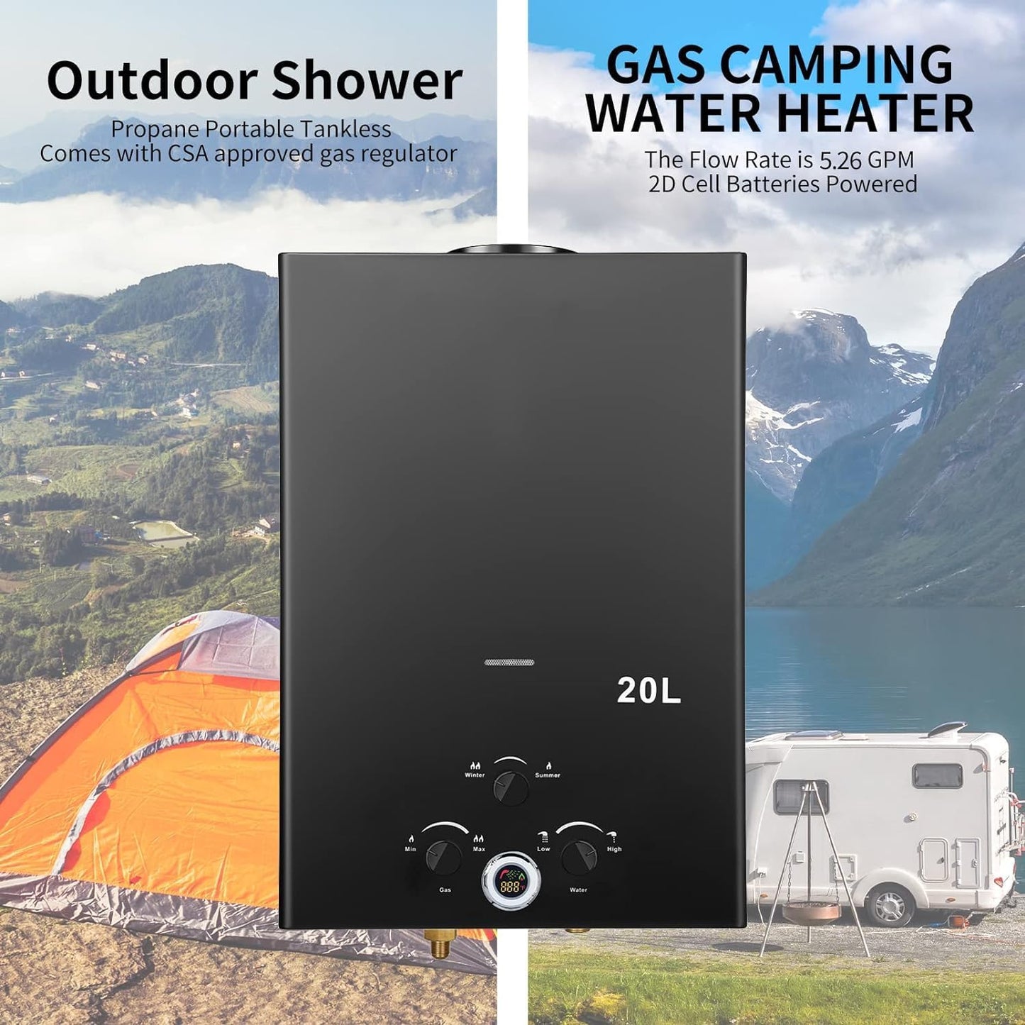 Tankless Water Heater Propane,5.26GPM 20L Outdoor Portable Water Heater,Instant Propane Water Heater with Digital Display