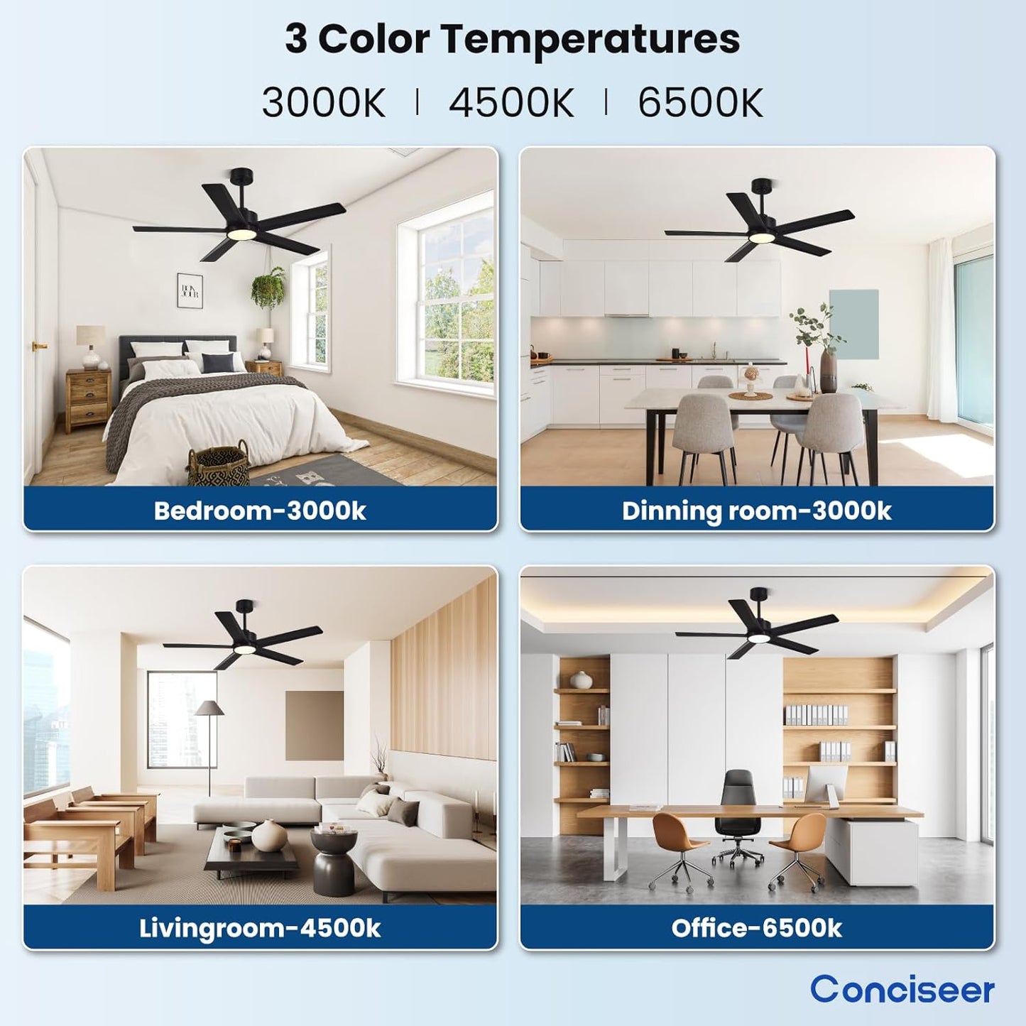 Conciseer Morden Ceiling Fans with Lights,52 Inch Ceiling Fans with Remote for Bedroom Living Room Kitchen, 5 Blades 6 Speed Reversible Quiet DC