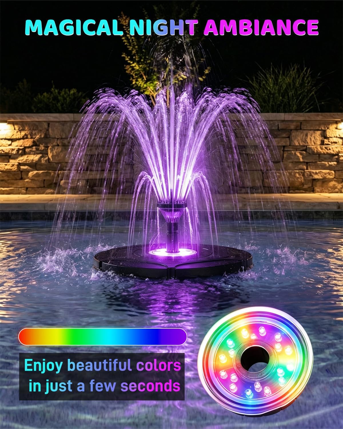 Pond Fountain Aerator with RGB Lights, Floating Pond Fountain Pump with 33FT Power Cord and 3 Nozzles, 792 GPH 45W High-Performance Pump Build in, Suitable for Outdoor Ponds, Garden, Fish Tanks