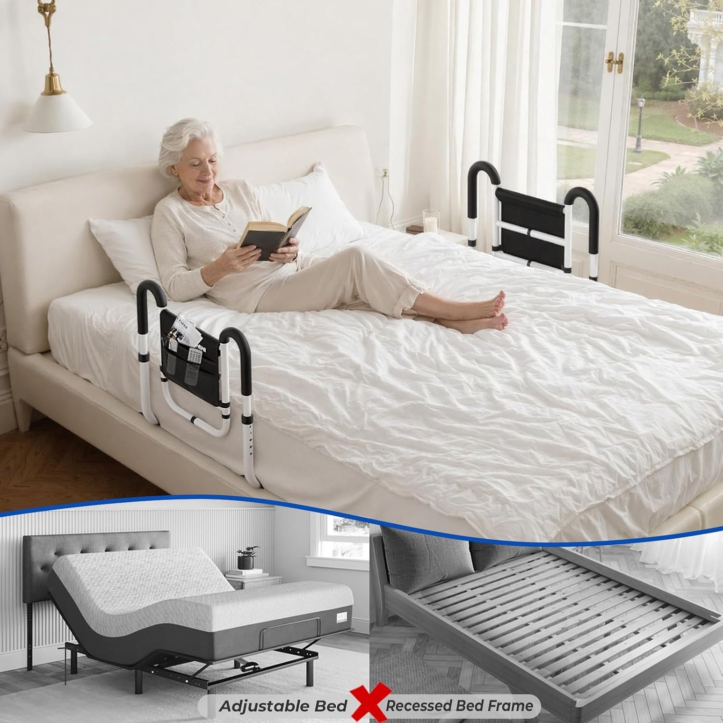 KingPavonini Dual Side Bed Rails for Elderly Adults Safety ASTM-Approved, 2026 Upgrade Ergonomic U-Handles & 4-Bar Anti-Tip Support, 350lb Bed Rails for Seniors with Storage Bag, No-Tools, Model BM10