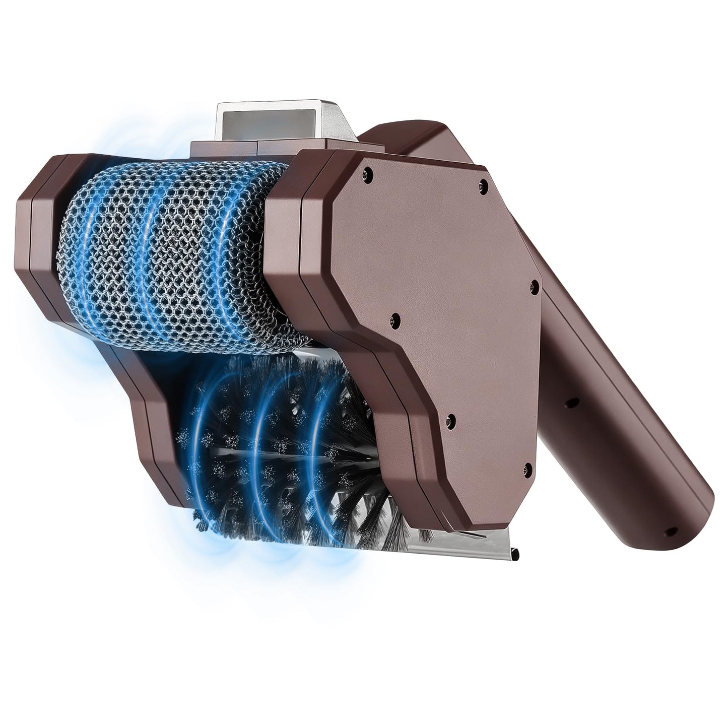 Electric Grill Brush, 350 RPM BBQ Grill Cleaner with Dual Cleaning Heads, 2600mAh Rechargeable Power Grill Scrubber for Outdoor Flat Top, Cast Iron, Barbecue Grates, Brown