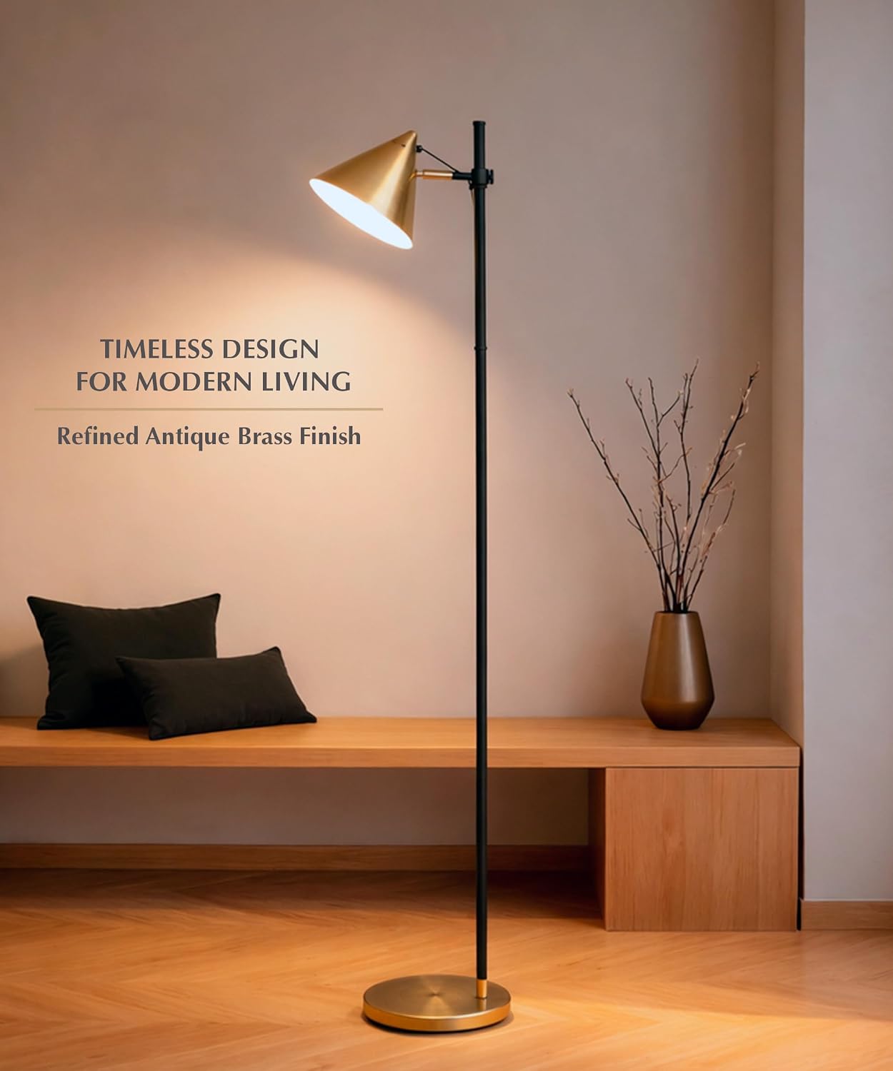 HarvestLand Noah Brass Floor Lamp, Adjustable Reading Lamp | 345° adjustable gold floor lamp with 13” height adjustment and solid base for reading and relaxing.