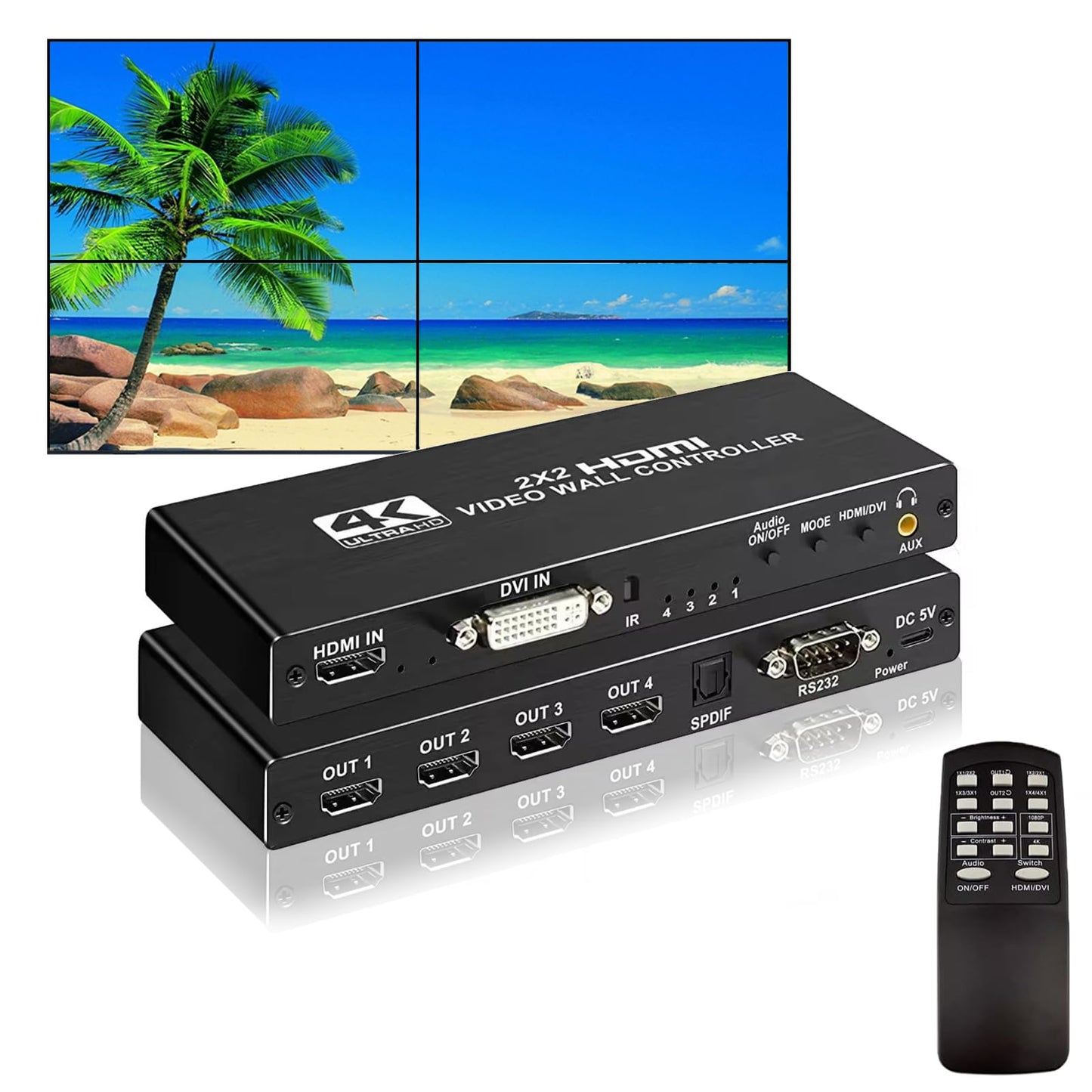 4K HDMl Video Wall Controller 2x2, 180° Rotate Video Wall Processor with IR Remote, 8 Splicing Modes 1x1 1x2 1x3 1x4 2x1 3x1 4x1, Combine 4 Screens into 1 Wall Display