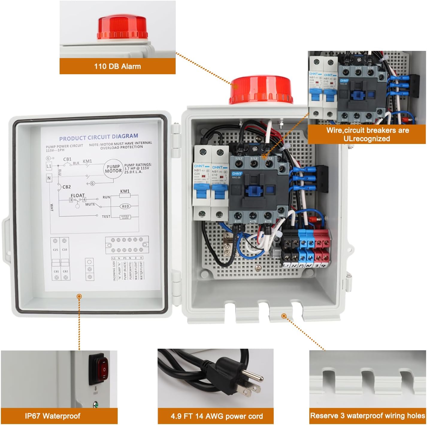 Upgraded Septic Control Panel with Septic Alarm, Pump Circuit Breaker, 14 AWG Power Cord, Float Switch, High Water Septic Tank Alarm with Flashing Lights, 110 DB Audible for Efficient Warning