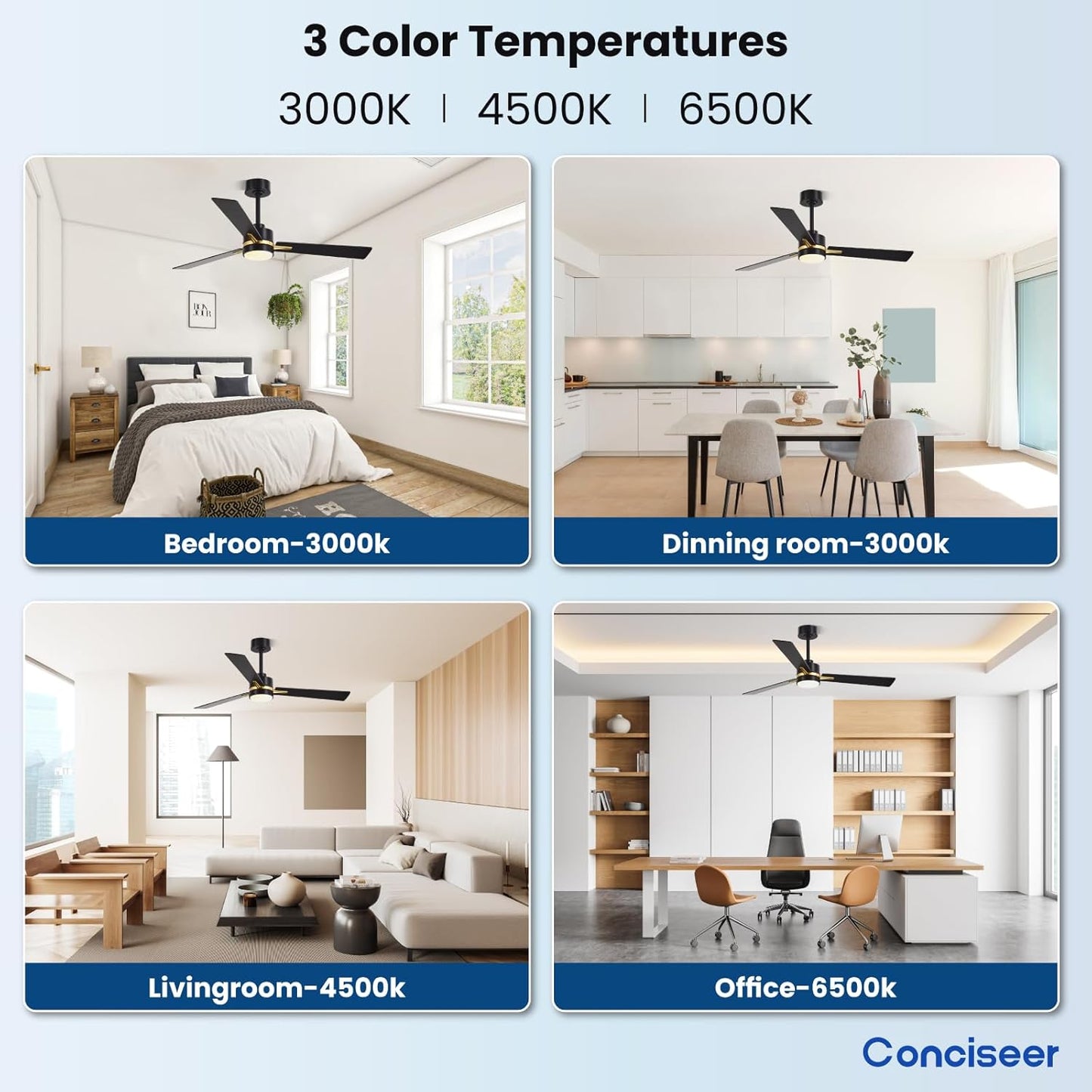 Conciseer Morden Ceiling Fans with Lights,52 inches Ceiling Fans with Remote for Bedroom Living Room Kitchen, 3 Blades 6 Speed Reversible Quiet DC