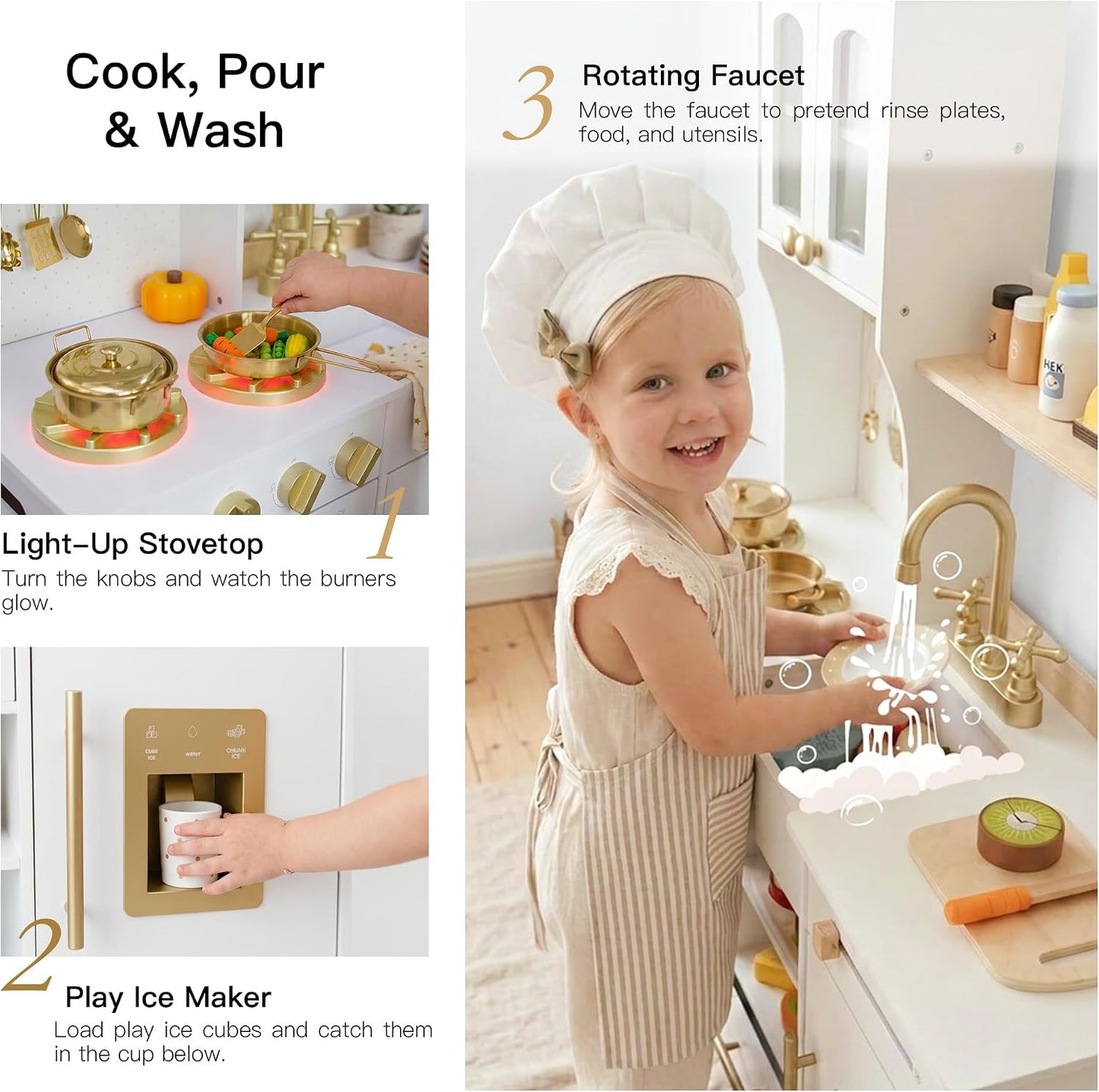 Wooden Play Kitchen for Kids with Extra Storage & Accessories, Kids Kitchen Playset, Pretend Play Toy Kitchen Set, Gift for Kids Ages 3+