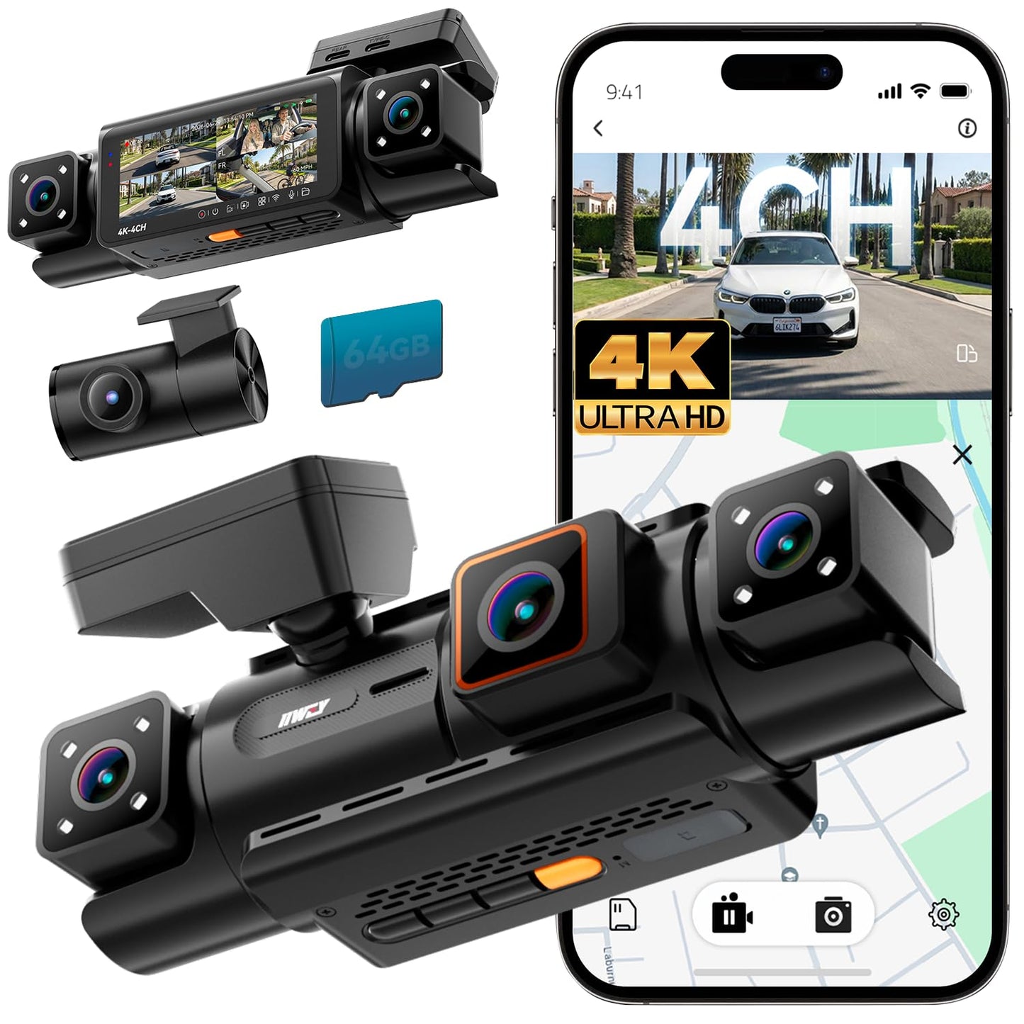 IIWEY N7 PRO 4K STARVIS 4 Channel Dash Cam, 360° View Front Rear and Dual Inside Camera, WiFi 6 & GPS, 8-IR Night Vision, 2160P Dash Camera for Cars, 3.18" IPS, 24/7 Parking Mode, Free 64GB Card
