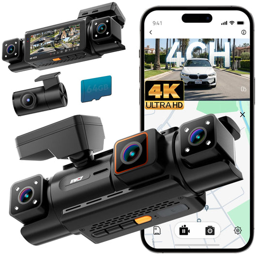 IIWEY N7 PRO 4K STARVIS 4 Channel Dash Cam, 360° View Front Rear and Dual Inside Camera, WiFi 6 & GPS, 8-IR Night Vision, 2160P Dash Camera for Cars, 3.18" IPS, 24/7 Parking Mode, Free 64GB Card