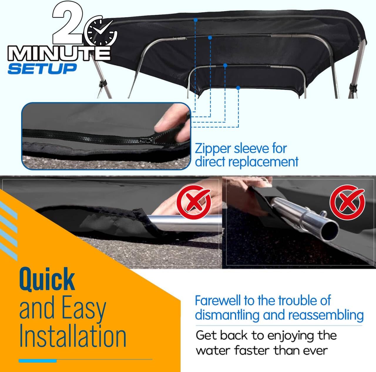 Seamander 4 Bow Bimini Top Replacement Cover, Waterproof Canvas Sun Shade Boat Canopy, Easy Install Zipper Sleeves & Light Hole Without Frame, Black/Gray 8'L 91"-96" W Black/Gray 4 Bow 8'L 91"-96" Width