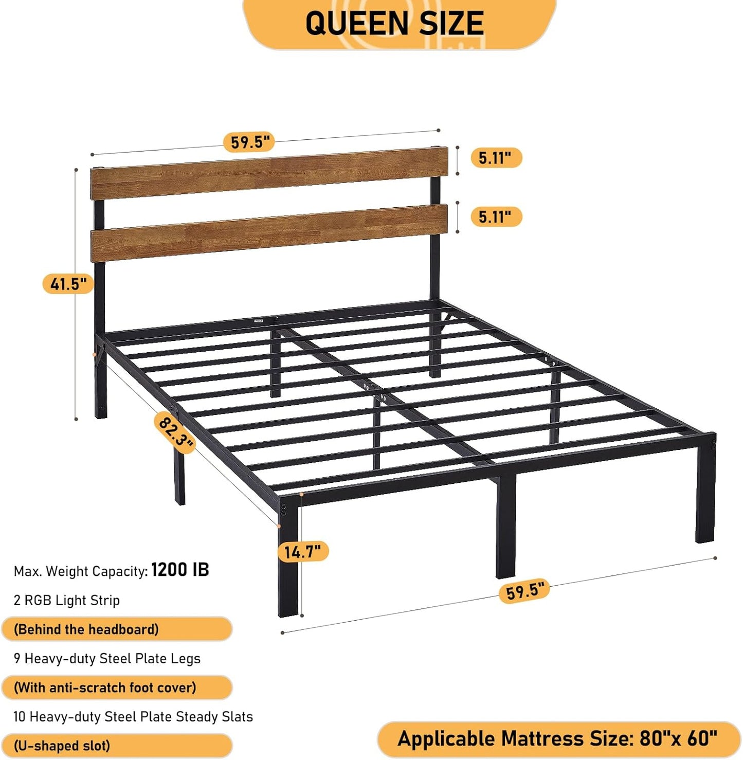 Anyhave Queen Bed Frame with RGBW Christmas LED Lights with Remote, Industrial Metal Platform Bed with Wood Headboard, Steel Slat Support/Large Under