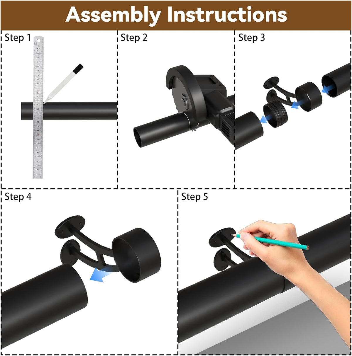 Bar Foot Rail Kit 4ft / 6ft / 8ft - Stainless Steel Complete Wall Mounted Bar Foot Rest - Matte Black Foot Rail System with Tubing, Wall Brackets, End Caps & Internal Connector