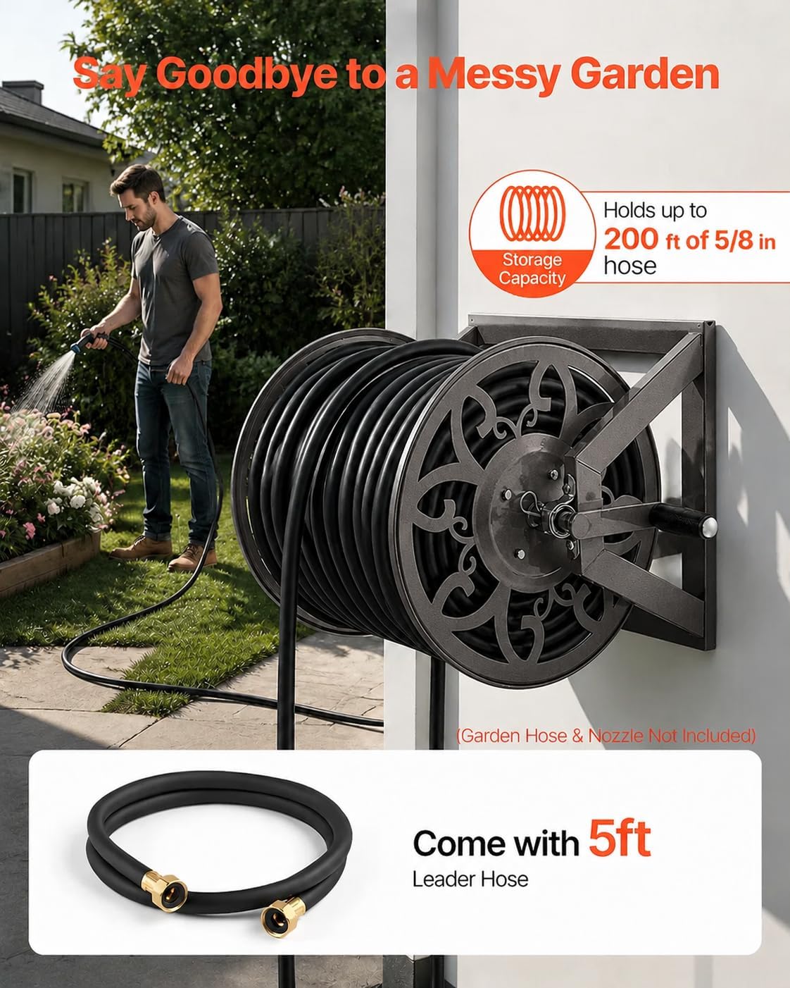 Wall Mounted Garden Hose Reel – Holds 200 ft 5/8" Hose, Heavy-Duty Steel Manual Winder, with Brass Connector, 5ft Leader, Decorative Pattern, Space Saver, Gray Finish, for Outdoor Gardens & Lawns.