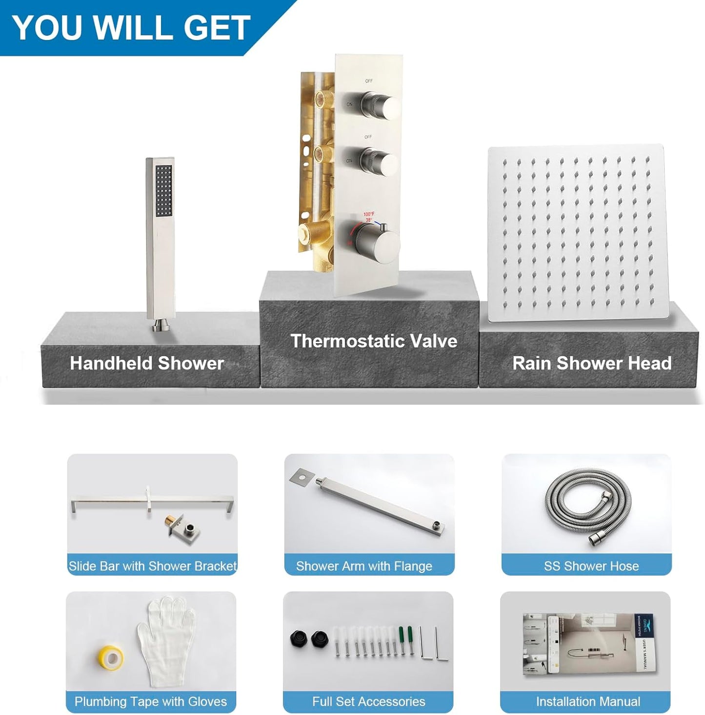 Thermostatic Shower Systems With Rain Shower Head and Handheld Spray