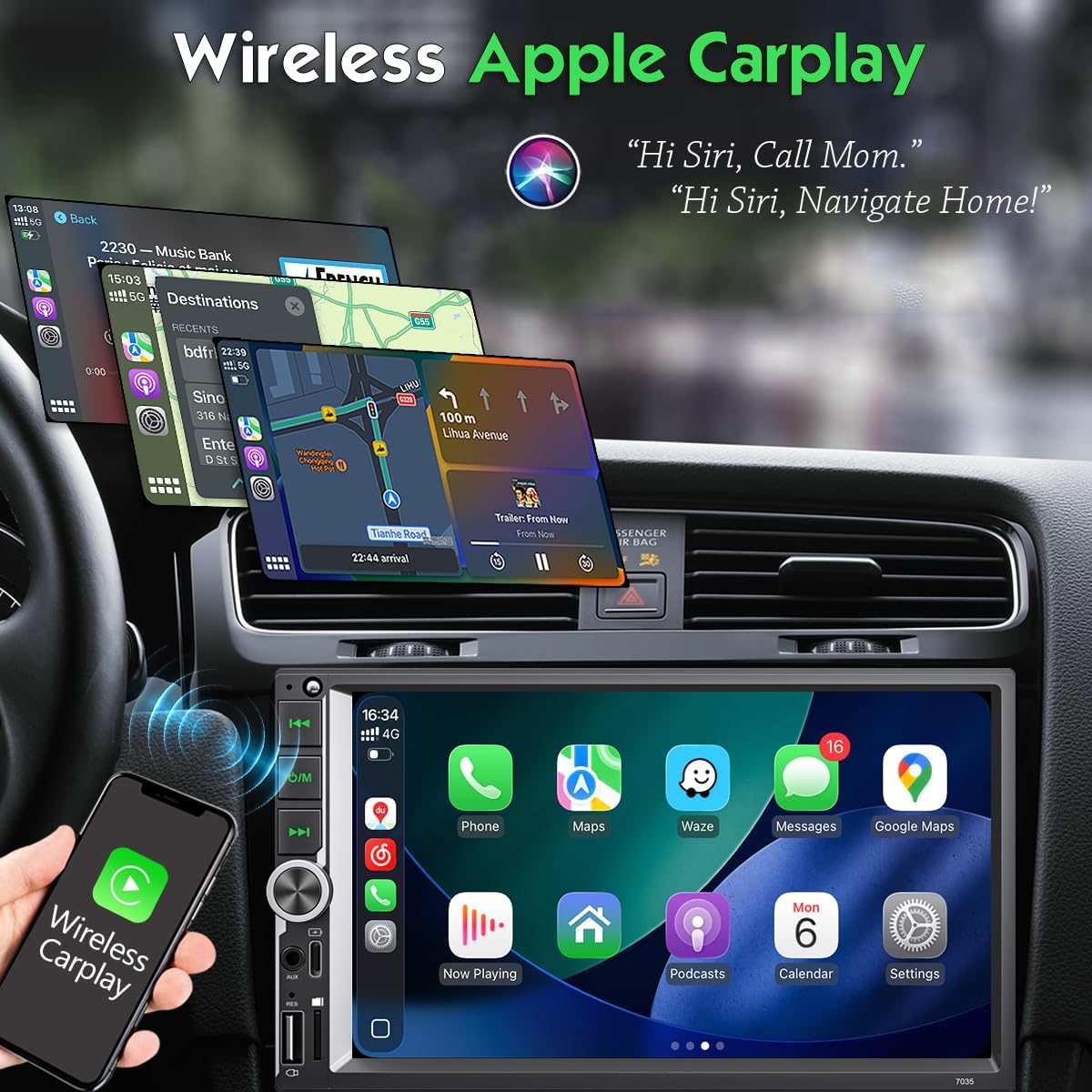 6.9 Inch Car Stereo with Wireless Apple CarPlay & Android Auto, Wireless AirPlay Mirror Link, Double Din Radio with 1024*600 Toucscreen, AM/FM RDS, Bluetooth, Type-C/USB/TF/AUX, 12-LED Backup Camera