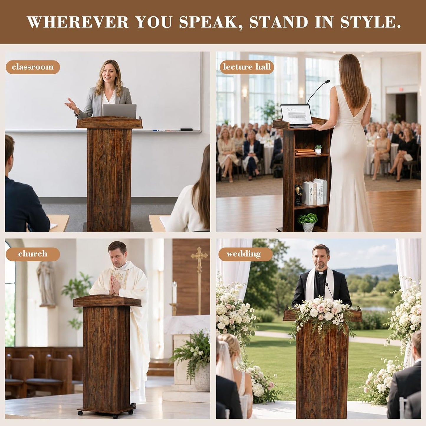 Wooden Podium Lectern Stand with Wheels, 3 Storage Shelves, Black Walnut, for Church Classroom