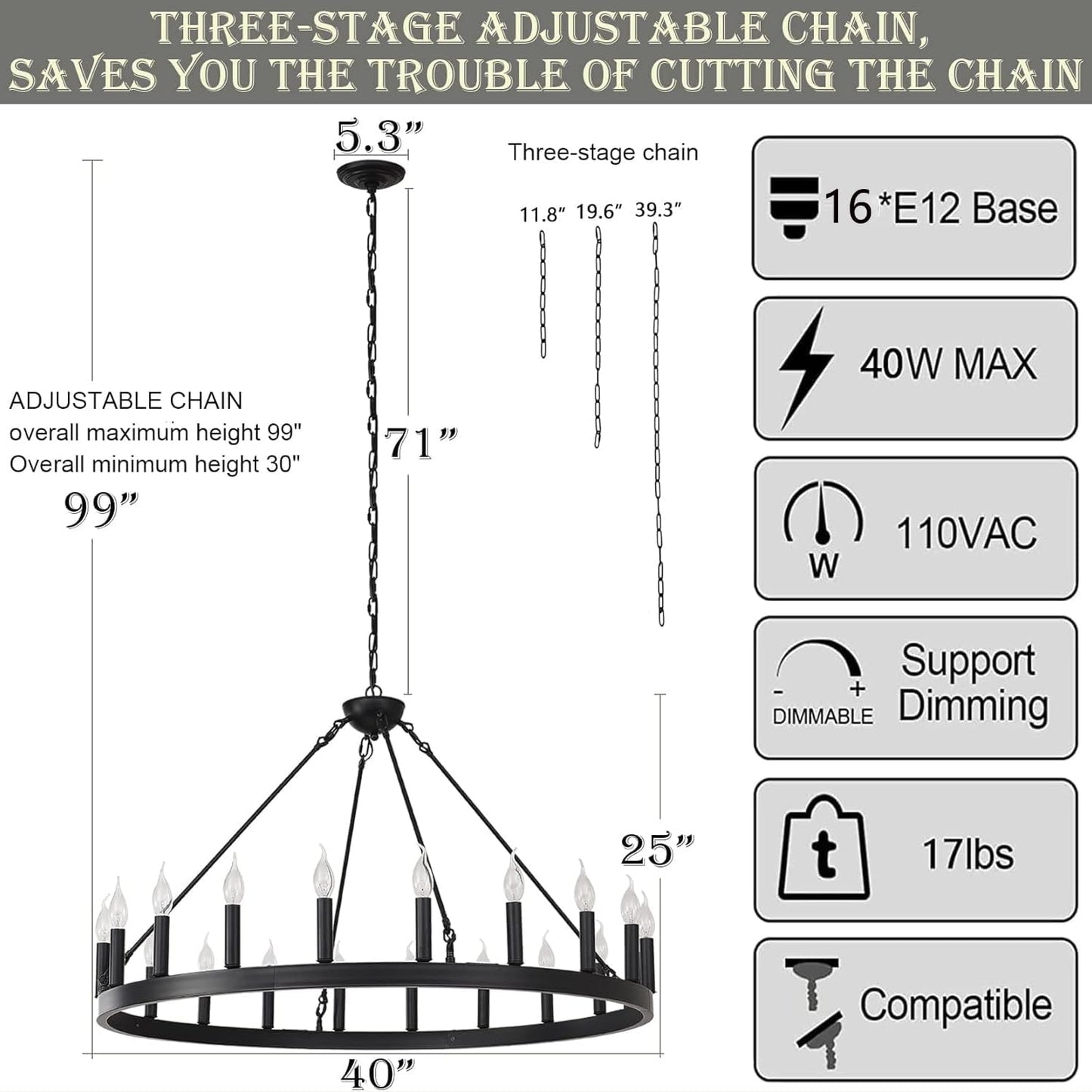 Black Wagon Wheel Chandelier Farmhouse, Round Rustic Wagon Wheel Light Fixture for Dining Room,16-Light Large Industrial Wagon Wheel Light for Living