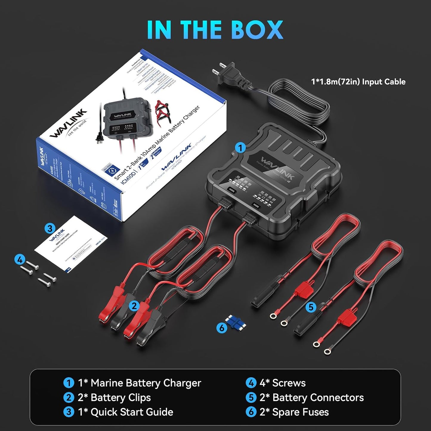 Wavlink 2 Bank 20A Marine Battery Charger 12V IP68 Onboard Battery Charger | 10A Per Bank, Multi-Stage Charging & Desulfating Repair, Multi-Protection, Fits SLA/AGM/LiFePO4/Calcium Batteries