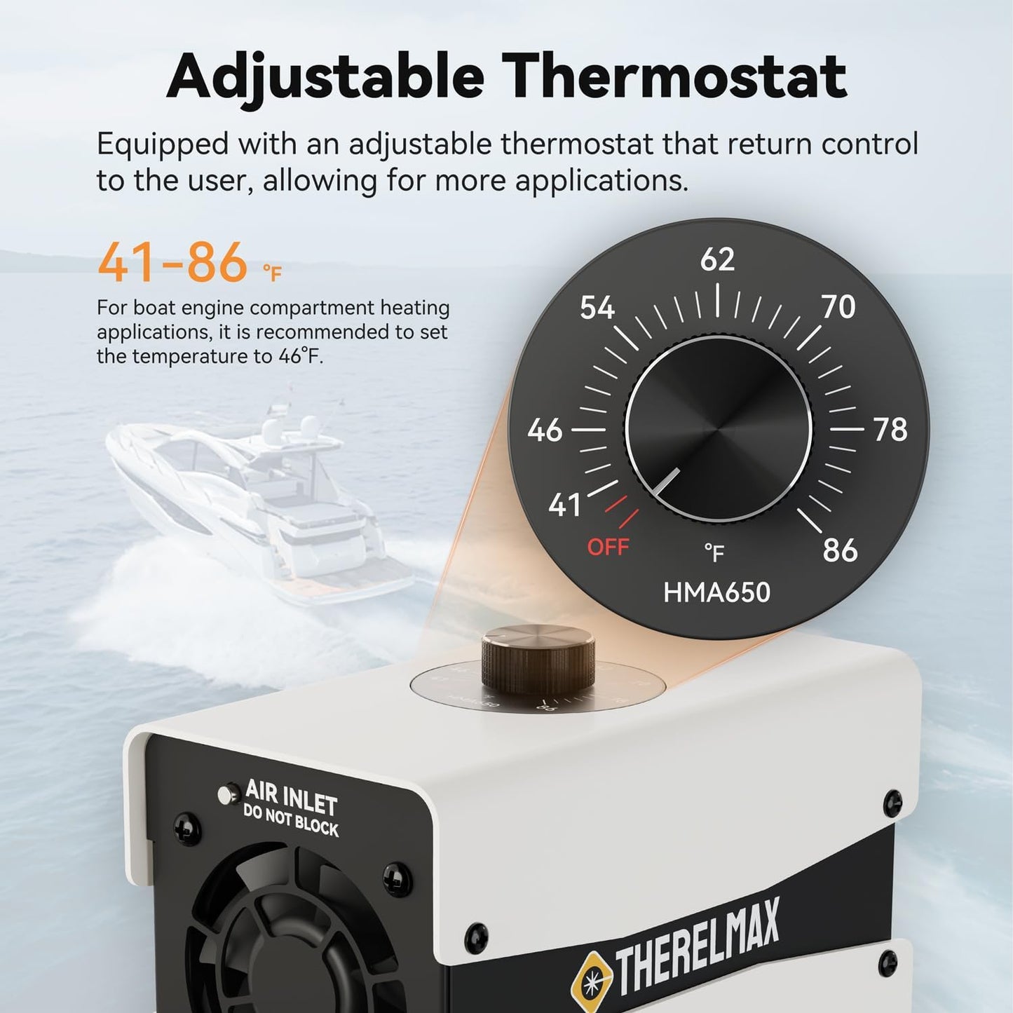 Boat Engine Compartment Heater with Thermostat, 650W Boat Cabin Heater with Safe PTC Element and Waterproof Fan HMA650-W-S1 Multi-Use Boat Bilge