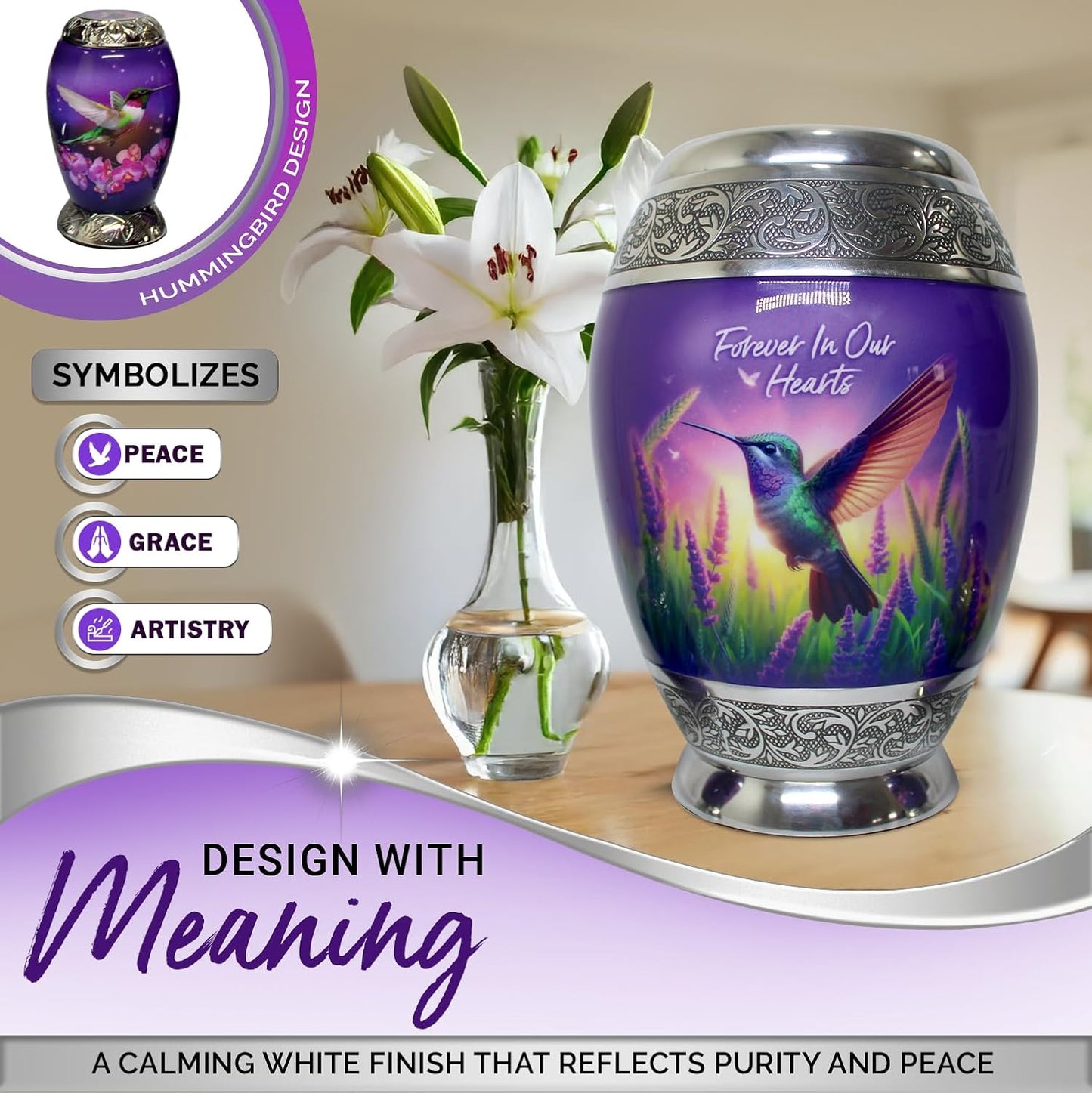Small Urns for Human Ashes Adult Female Set of 6 - Hummingbird Urns for Ashes for Women - Purple Mini Urns for Sharing Ashes - Honor Loved Ones with Love and Grace