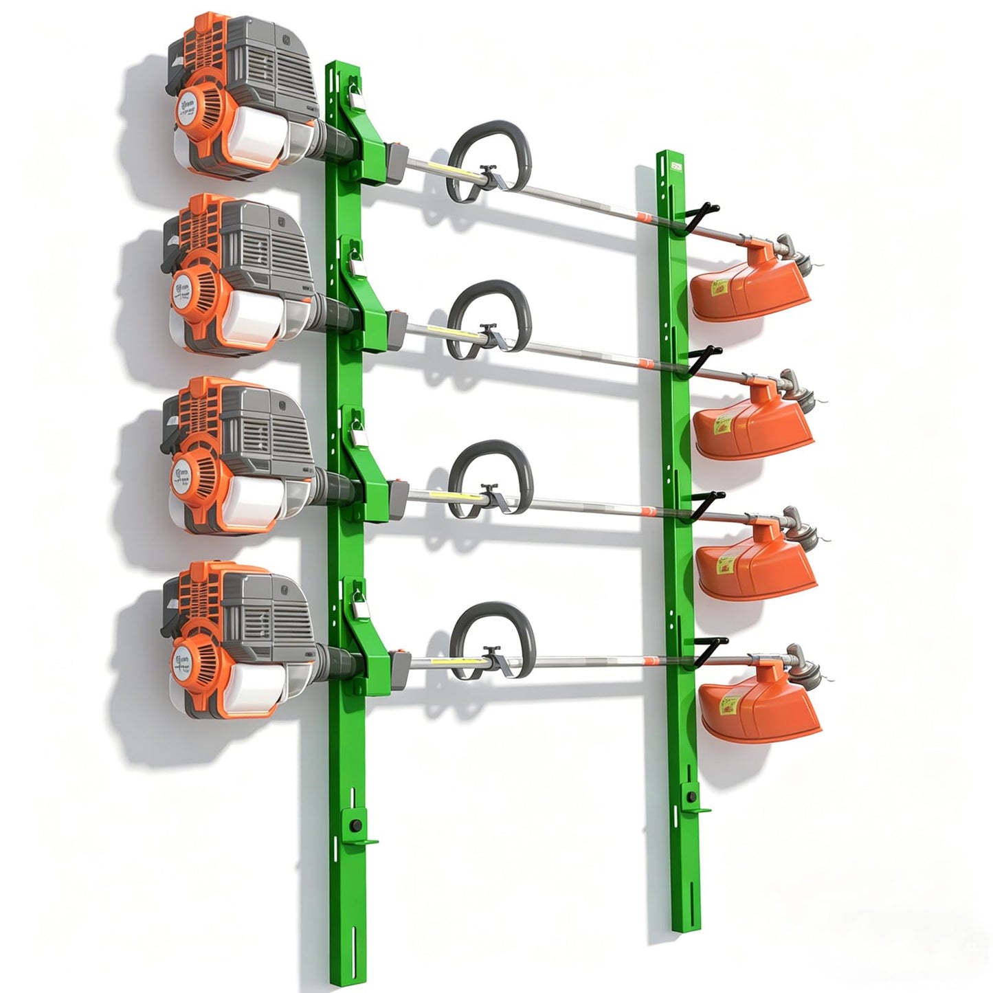 4-Position Weed Eater Racks for Trailer Green Commercial Trimmer Rack with Independent Locks for Open Trailer Work Weedeater Organization Storage Rack Holder