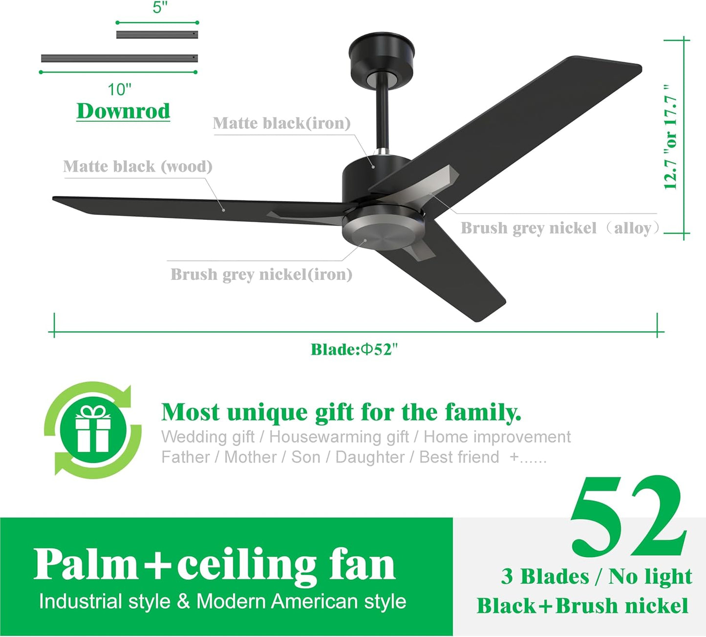 Fande-Aire Ceiling Fan no Light - Outdoor Ceiling Fan, 52 inch Ceiling Fan Without Light with 3 Blade and 3 Speeds for Patios, Bedroom Living Room,