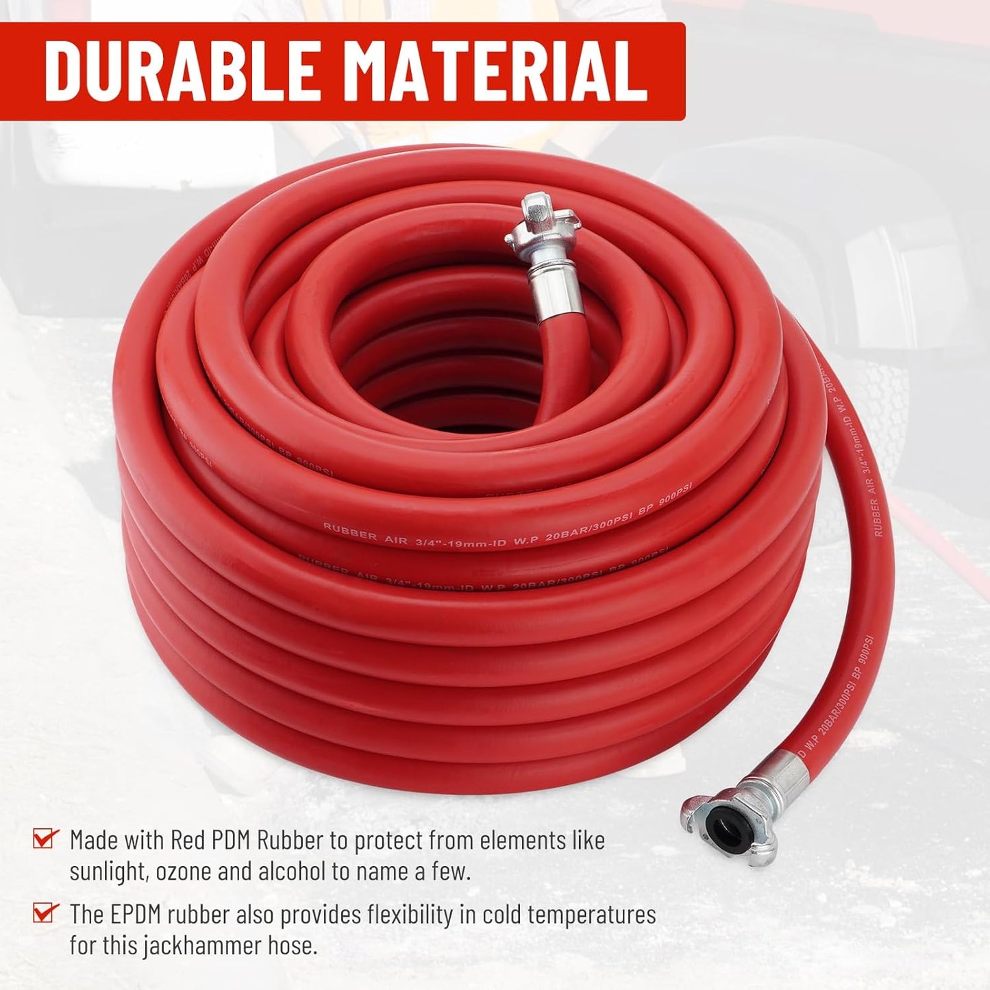 3/4 Inch x 100 FT Red Jackhammer Air Hose with Male NPT Nipple and Female NPT Air Hose Fitting, Air Tools