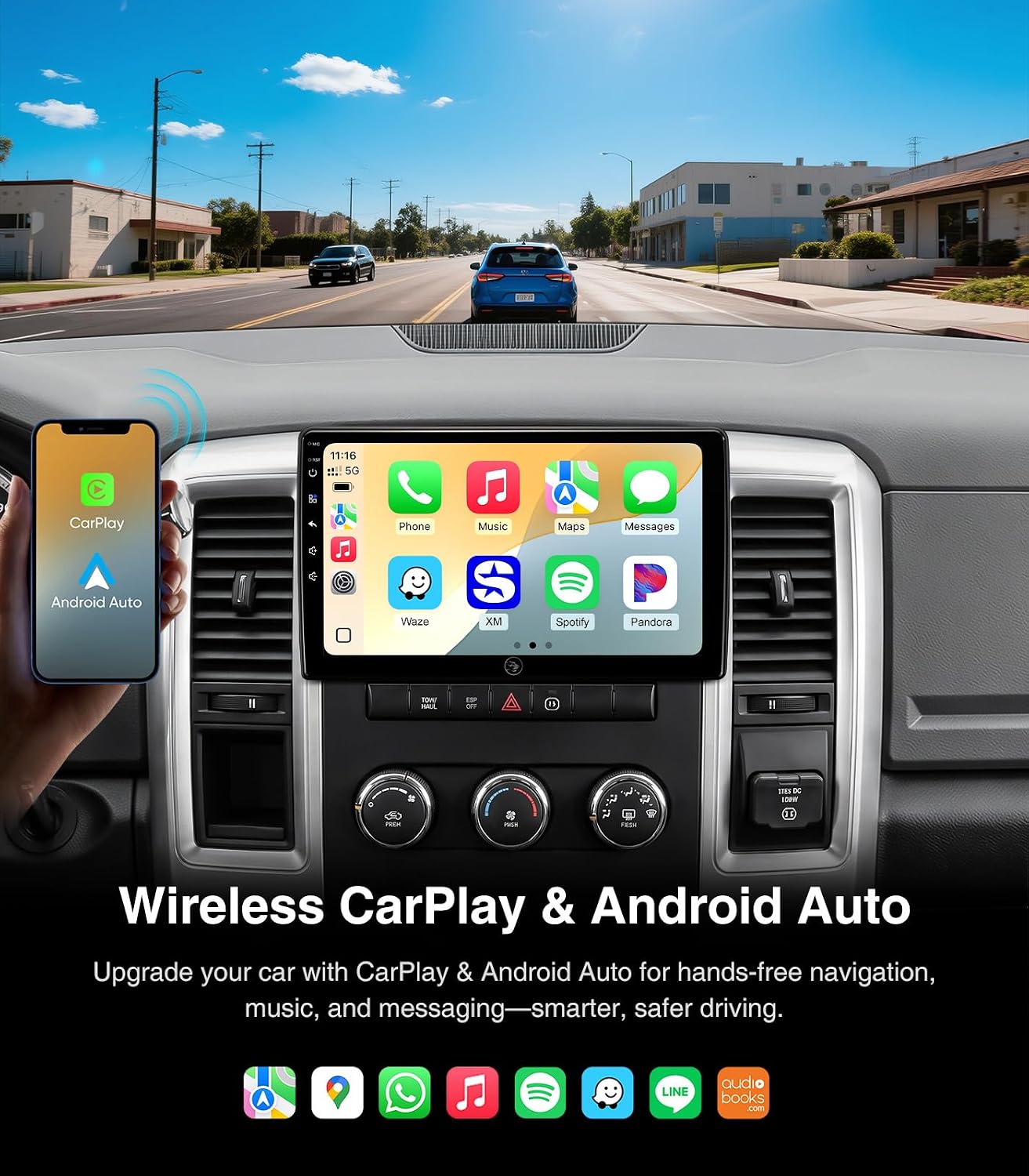10 inch Touchscreen Car Stereo Radio for Dodge Ram 1500 2500 3500 2006-2012 Replacement Dash Kit w/Wired Wireless CarPlay Android Auto Navigation Linux Head Unit