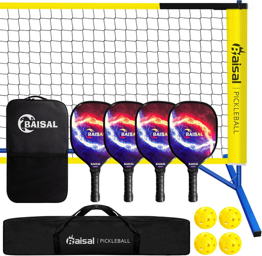 Baisal Pickleball Set with Net Portable Outdoor Indoor, 22FT Regulation Size Pickleball Net for Driveway with 4 Wooden Pickleball Paddles, 1 Pickle