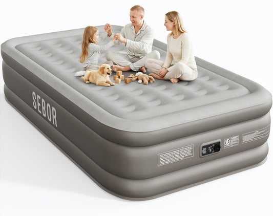 Sebor Air Mattress Queen with Built-in Pump 18", Comfortable Self-Inflating Blow up Mattress with High-Speed Pump, Durable Queen Size Air Mattress with Storage Bag for Guests, Moving, Camping, Travel 18" Queen Brown Gray