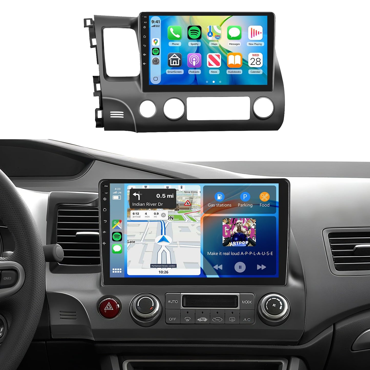 4G+64G Car Radio Stereo for Honda Civic 2006-2011 10.1inch IPS Touch Screen/Android 15/Wireless CarPlay/Android Auto/DSP 32 EQ/GPS Navigation/WiFi/5.0Bluetooth/FM/RDS/SWC/AHD Backup Camera