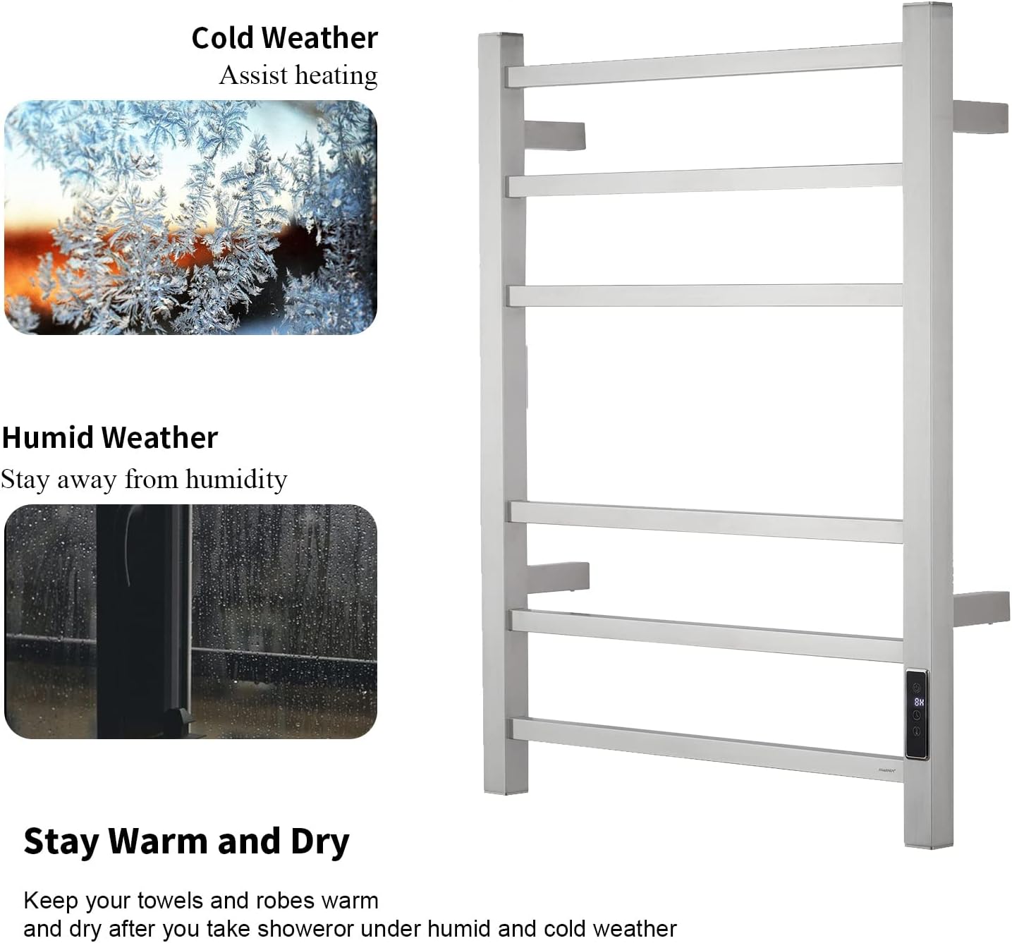 Electric Towel Warmer - Wall Mounted Bathroom Heated Towel Rack, Plug-in Design & Brushed Stainless Steel Finish (Square Brushed with Timer ETW13CS, 6 Bar) Brushed With Timer 6 Bar