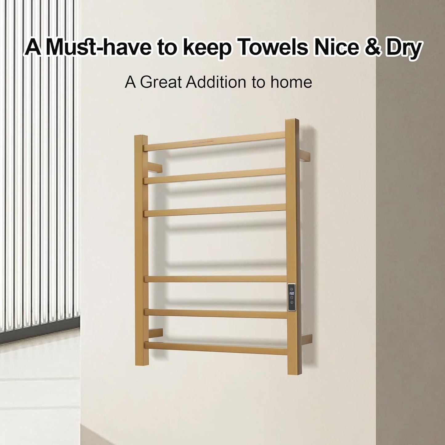 Electric Heated Towel Warmer - Wall Mounted Bathroom Towel Rack, Plug-in Design & Brushed Stainless Steel Finish Square Gold with Timer & Temperature Control 6 Bar