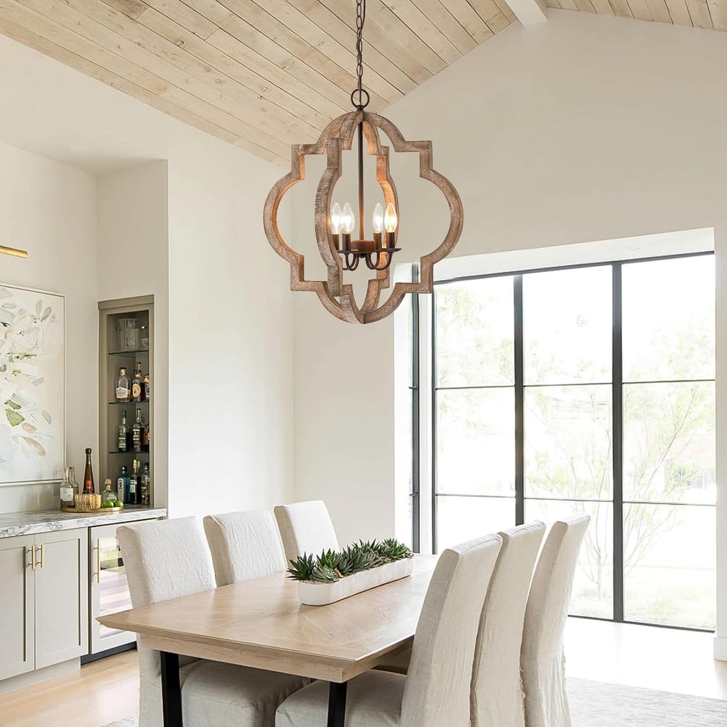 22&#34; Modern Farmhouse Chandelier for Dining Room,Orb Wood Kitchen Chandeliers Over Table,4-Light Rustic Chandelier,Oak Vintage Chandelier for Kitch