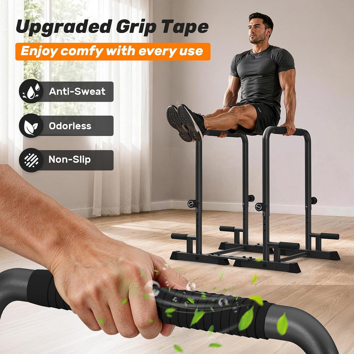 Heavy-Duty Dip Bar for Home Gym, Push Up Parallel Bars, Tool‑Free, 600LBS