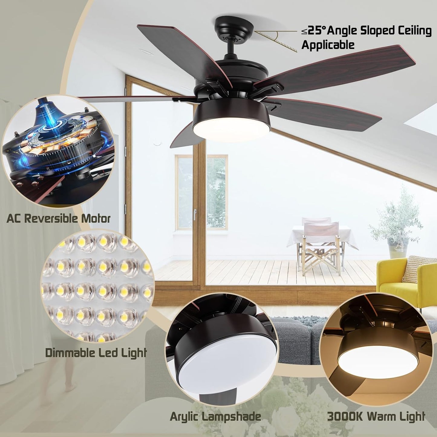 Ceiling Fans with Lights, 52 inch Ceiling Fan with Light and Remote Control, Reversible Flush Mount Ceiling Fan, Dimmable 5 Blades Low Profile