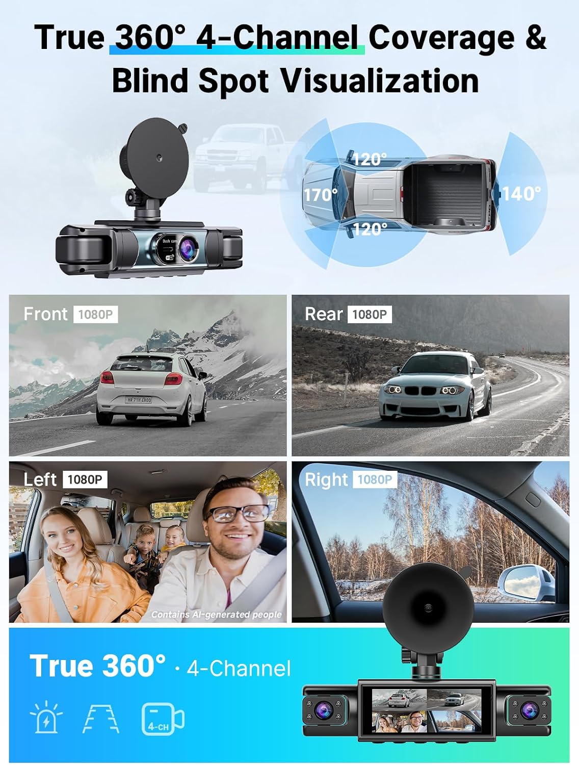 64GB 4 Channel Dash Cam 360° View, Car Dash Cam Front and Back 3.0 Inches Y-DC315, with Hardwire Kit