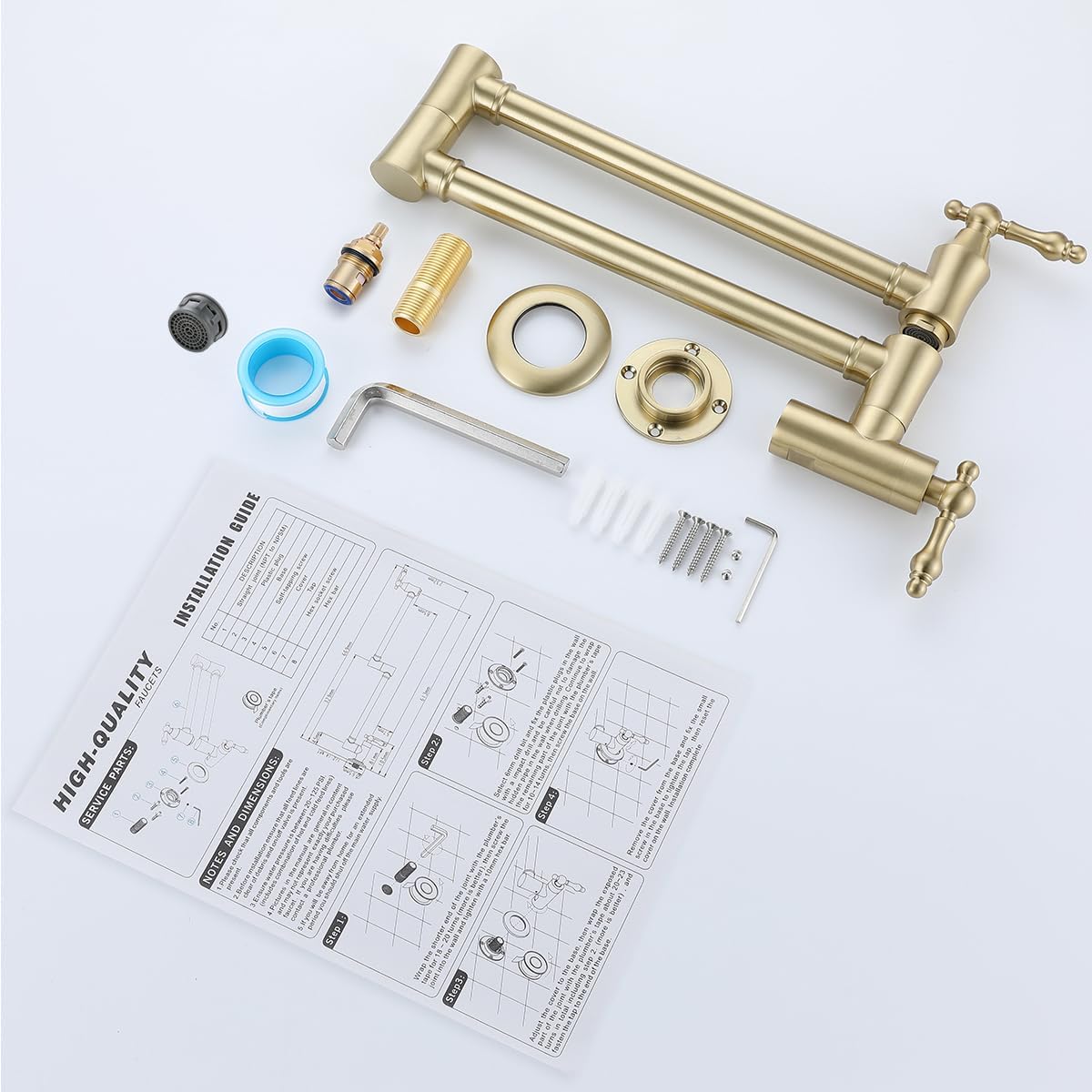 Pot Filler Over Stove Faucet Brushed Gold Wall Mount Brass Kitchen Folding Faucet Double Joint Swing Arms.