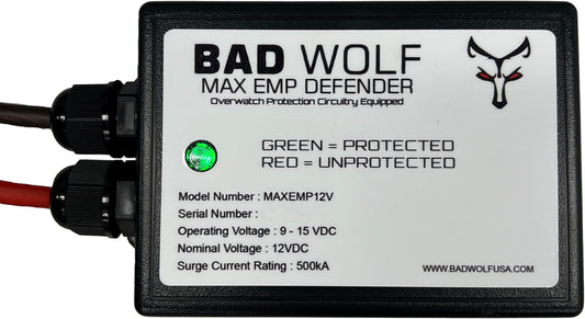 Max EMP Defender 12V DC Surge Protector 500kA Surge Rating Built using MOV, TVS and GDT technology. Exclusive Overwatch Protection Circuitry for